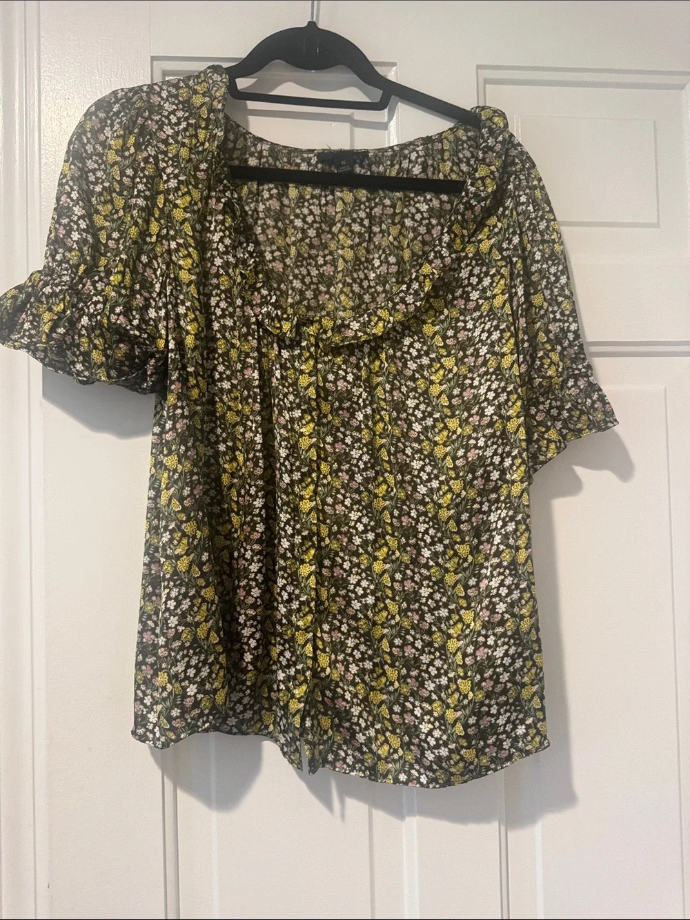 J. Crew Black Floral Ruffle Top with Yellow Accents